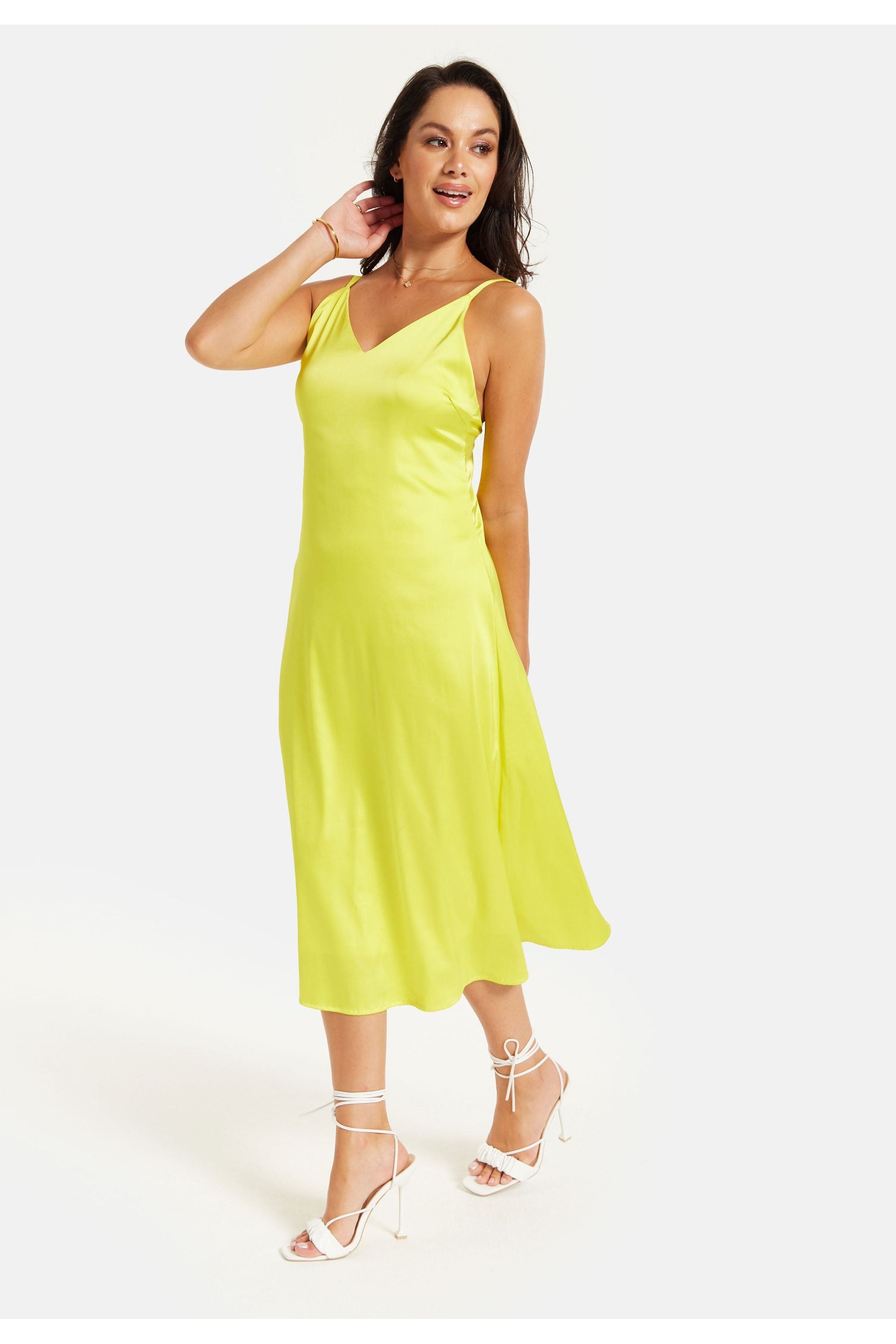 Yellow Satin Midi Dress With Spaghetti Straps LP-L22SS011- LM