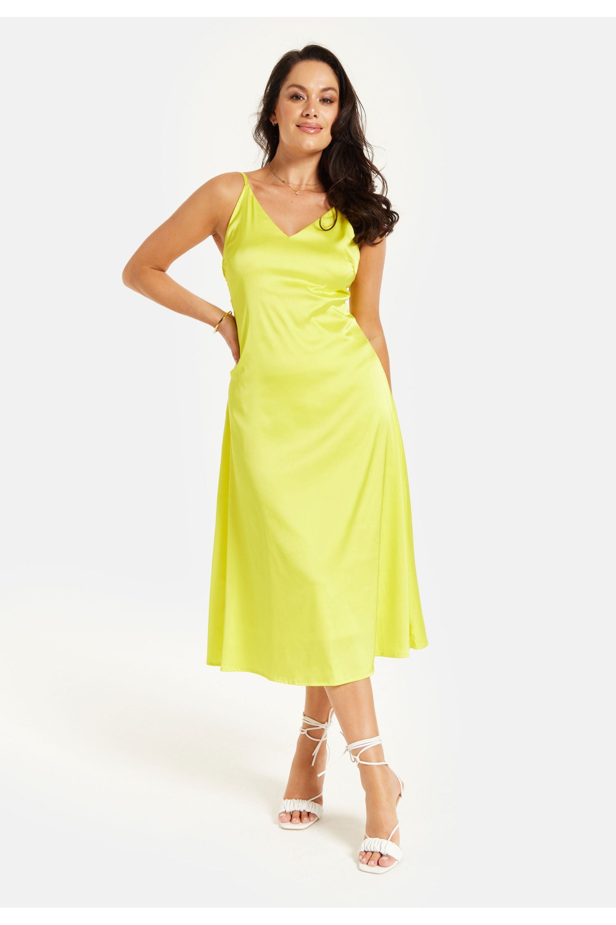 Yellow Satin Midi Dress With Spaghetti Straps LP-L22SS011- LM