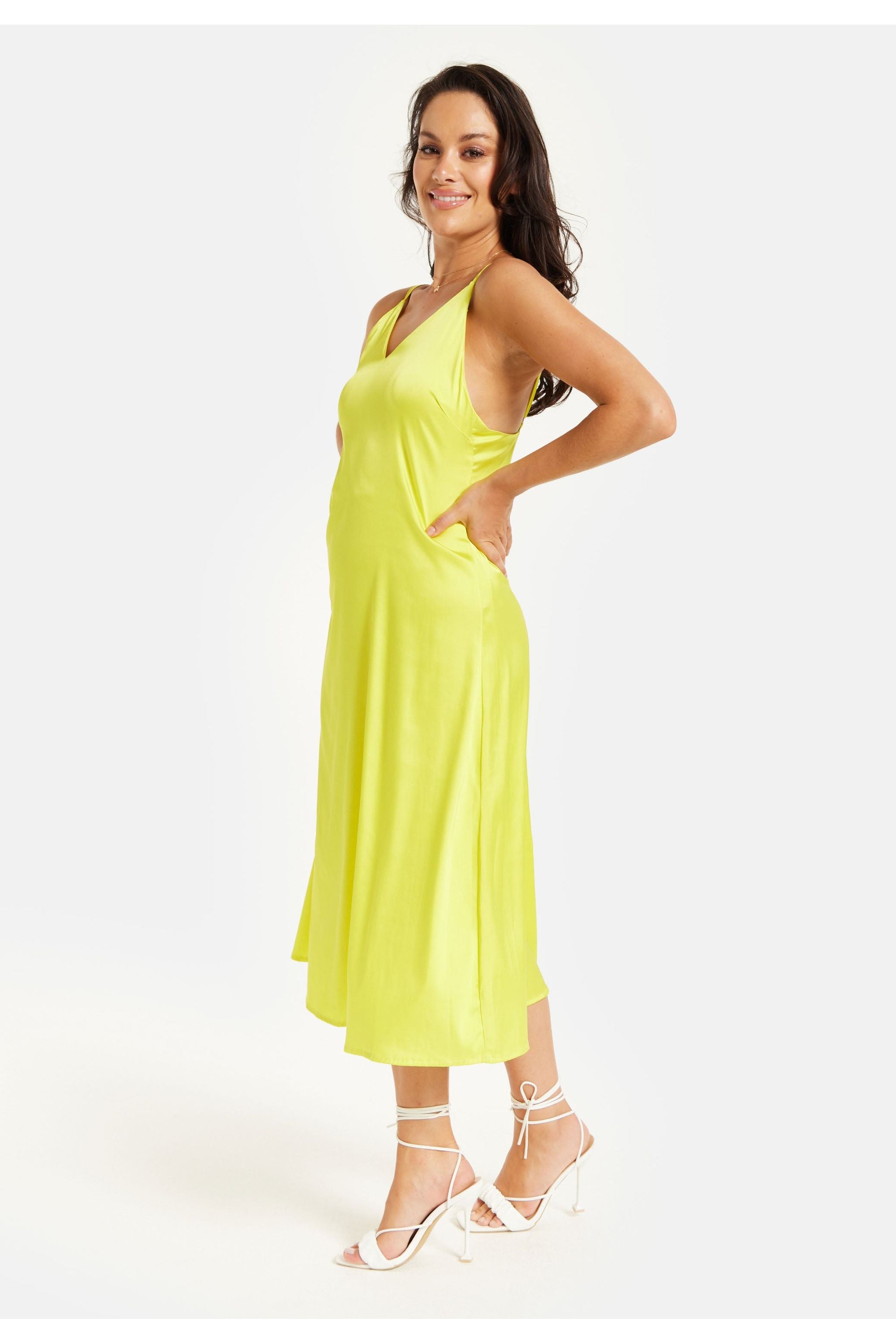 Yellow Satin Midi Dress With Spaghetti Straps LP-L22SS011- LM