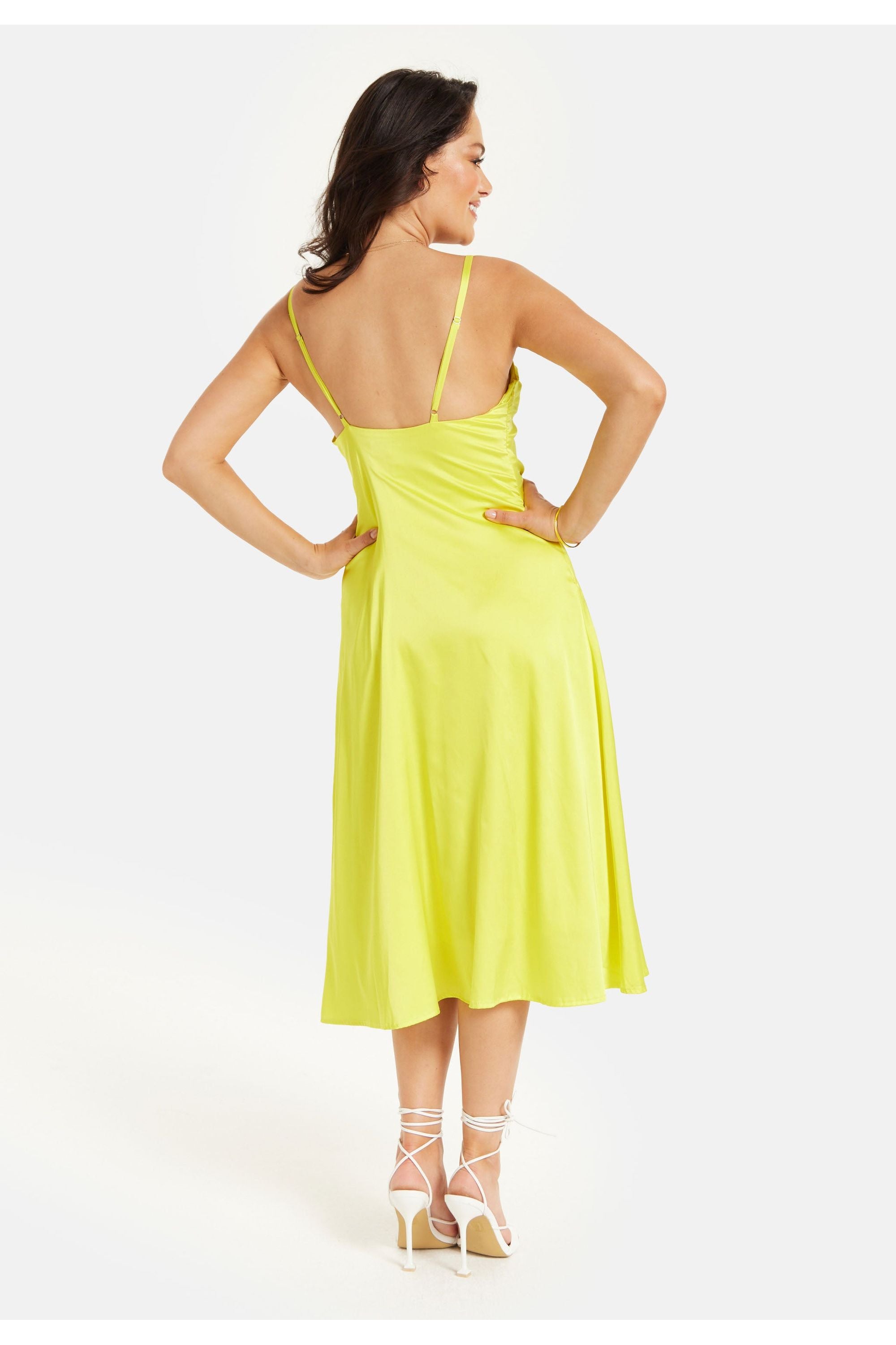 Yellow Satin Midi Dress With Spaghetti Straps LP-L22SS011- LM