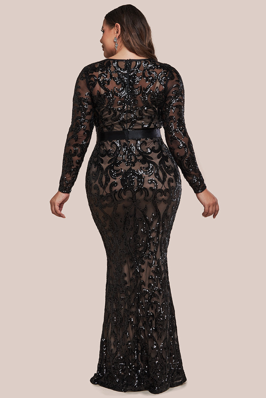 Embroidered Sequin & Mesh Maxi Dress - Black DR2558PLUS