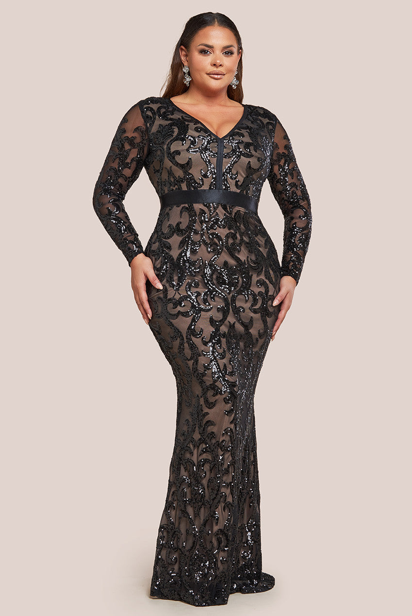 Embroidered Sequin & Mesh Maxi Dress - Black DR2558PLUS