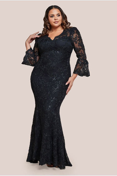 Black - Scalloped Lace Maxi Dress - Black by Goddiva Plus
