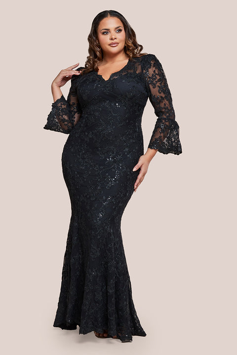 Scalloped Lace Maxi Dress - Black by Goddiva Plus