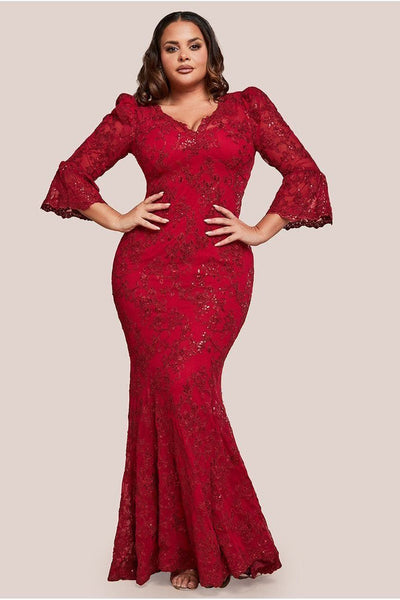 Red - Scalloped Lace Maxi Dress - Red by Goddiva Plus