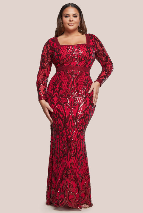 Sequin Square Neck Maxi With Scallop Hem - Red by Goddiva Plus