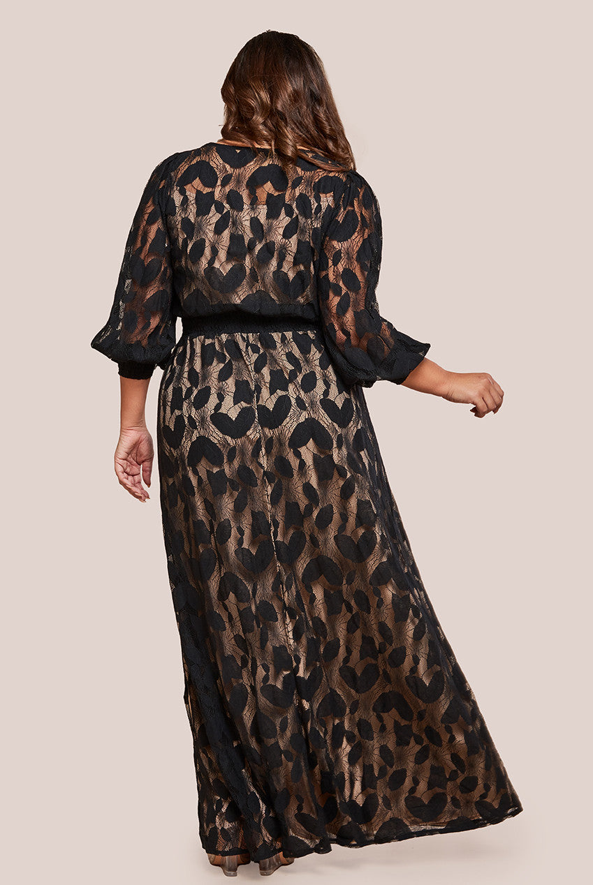 Lace Front Split Long Sleeve Maxi Dress - Black DR4476PLUS