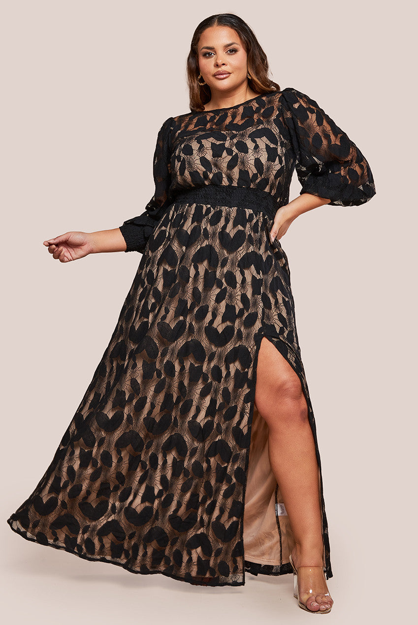 Lace Front Split Long Sleeve Maxi Dress - Black DR4476PLUS