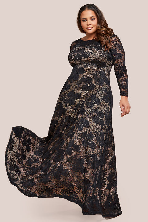 Scalloped Lace A Line Maxi Dress Black