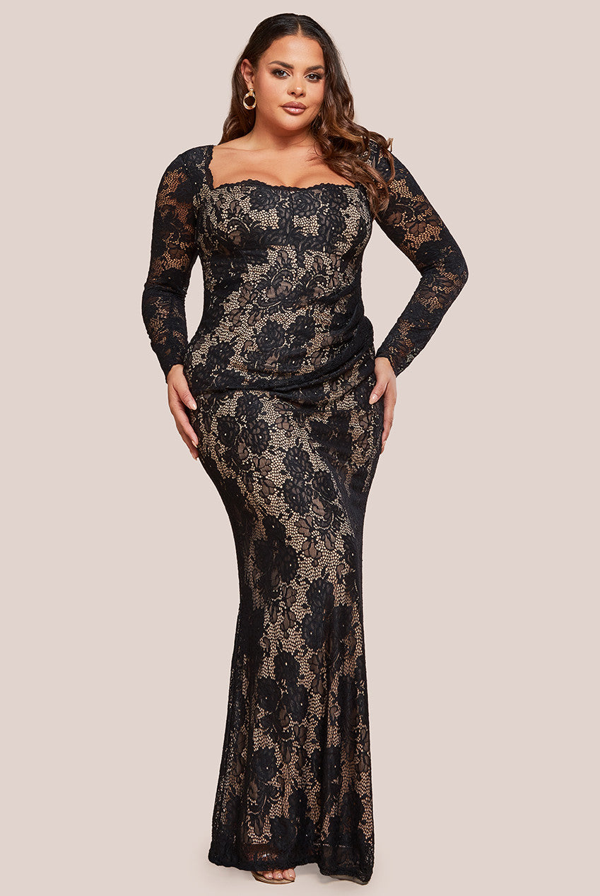 Scalloped Lace Corset Bodice Maxi Dress - Black DR4519PLUS