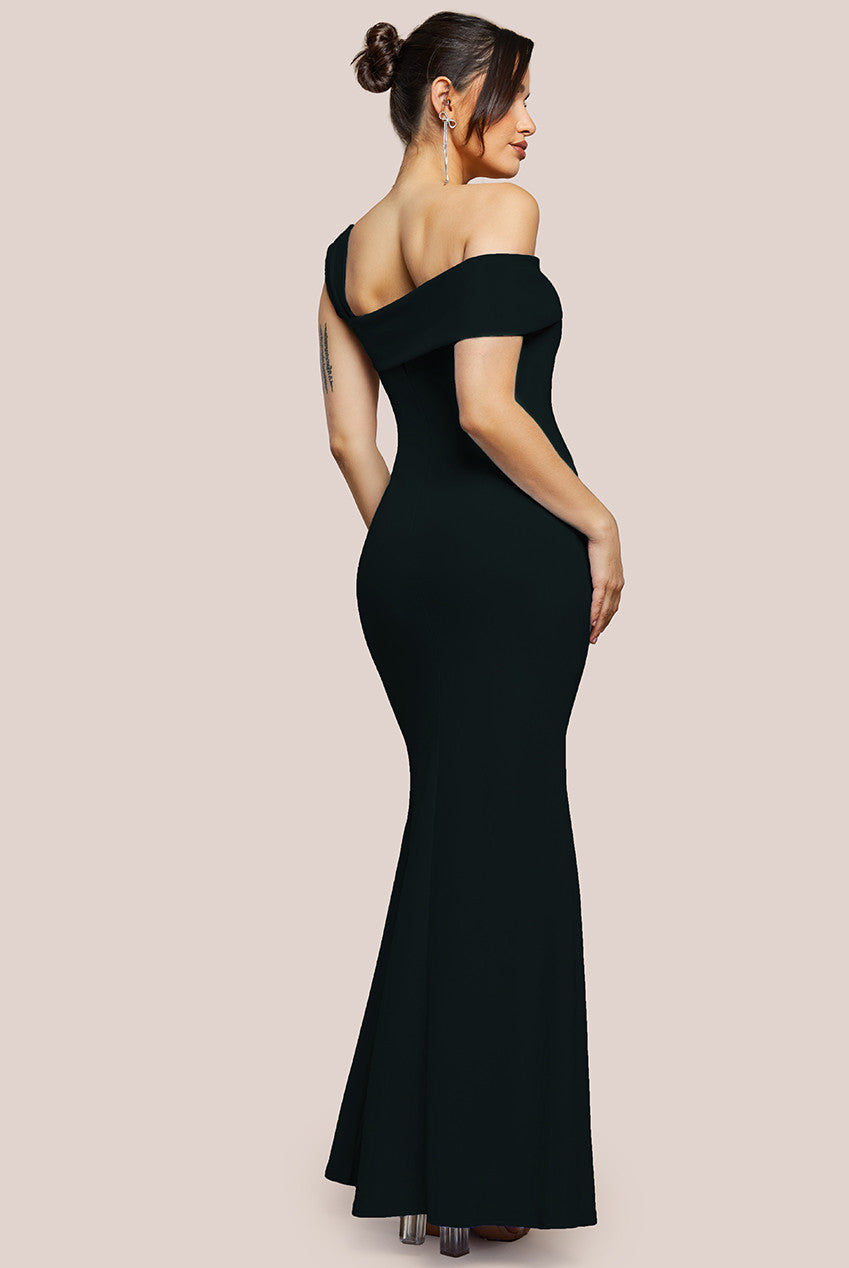 Off The Shoulder Pleated Waist Maxi Dress - Black DR2594