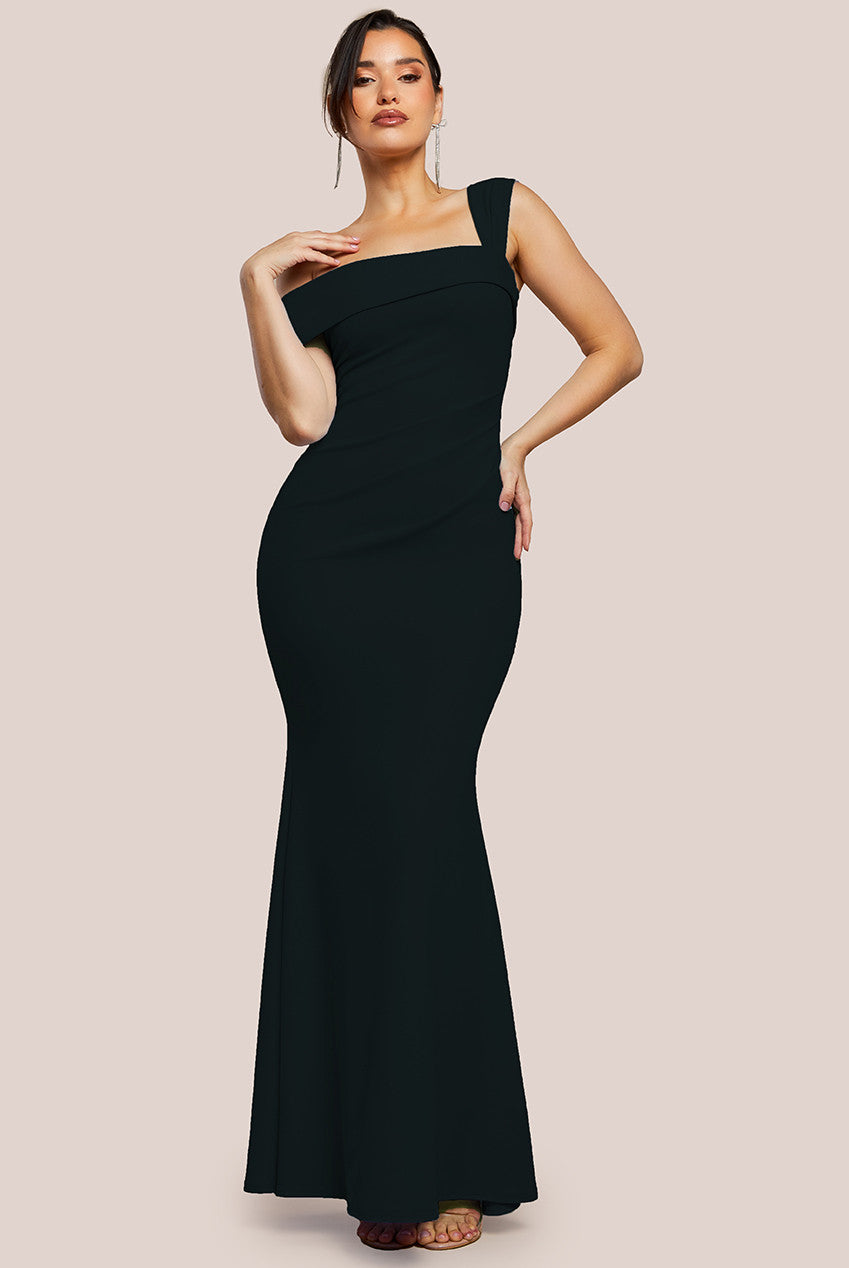 Off The Shoulder Pleated Waist Maxi Dress - Black DR2594