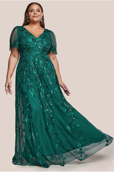 Emerald - Flared Sleeve Embroidered Maxi Dress - Emerald by Goddiva Plus