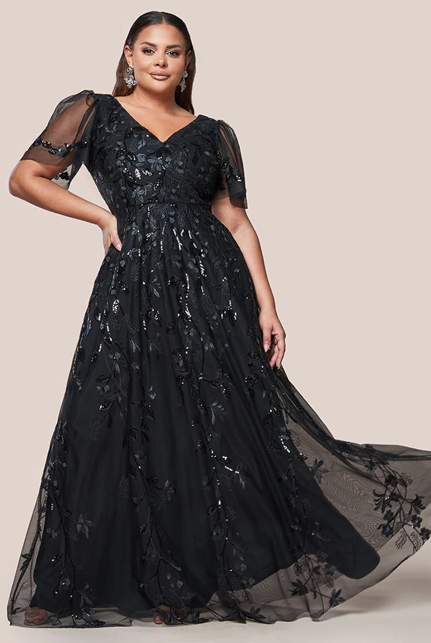 Flared Sleeve Embroidered Maxi Dress - Black DR3279PLUS