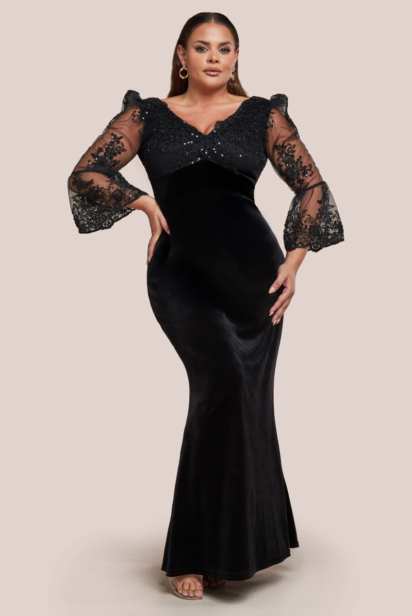 Scalloped Lace & Velvet Maxi Dress - Black DR3972PLUS