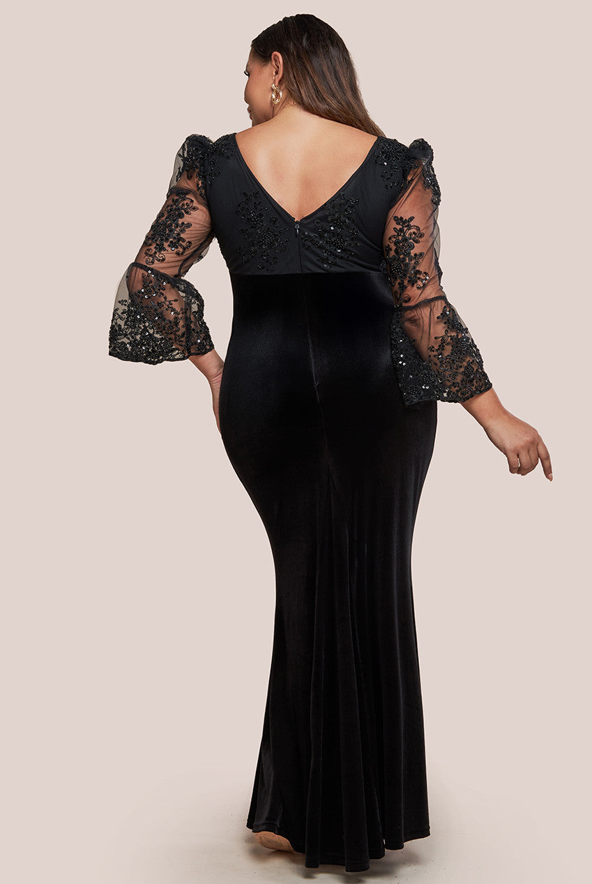 Scalloped Lace & Velvet Maxi Dress - Black DR3972PLUS