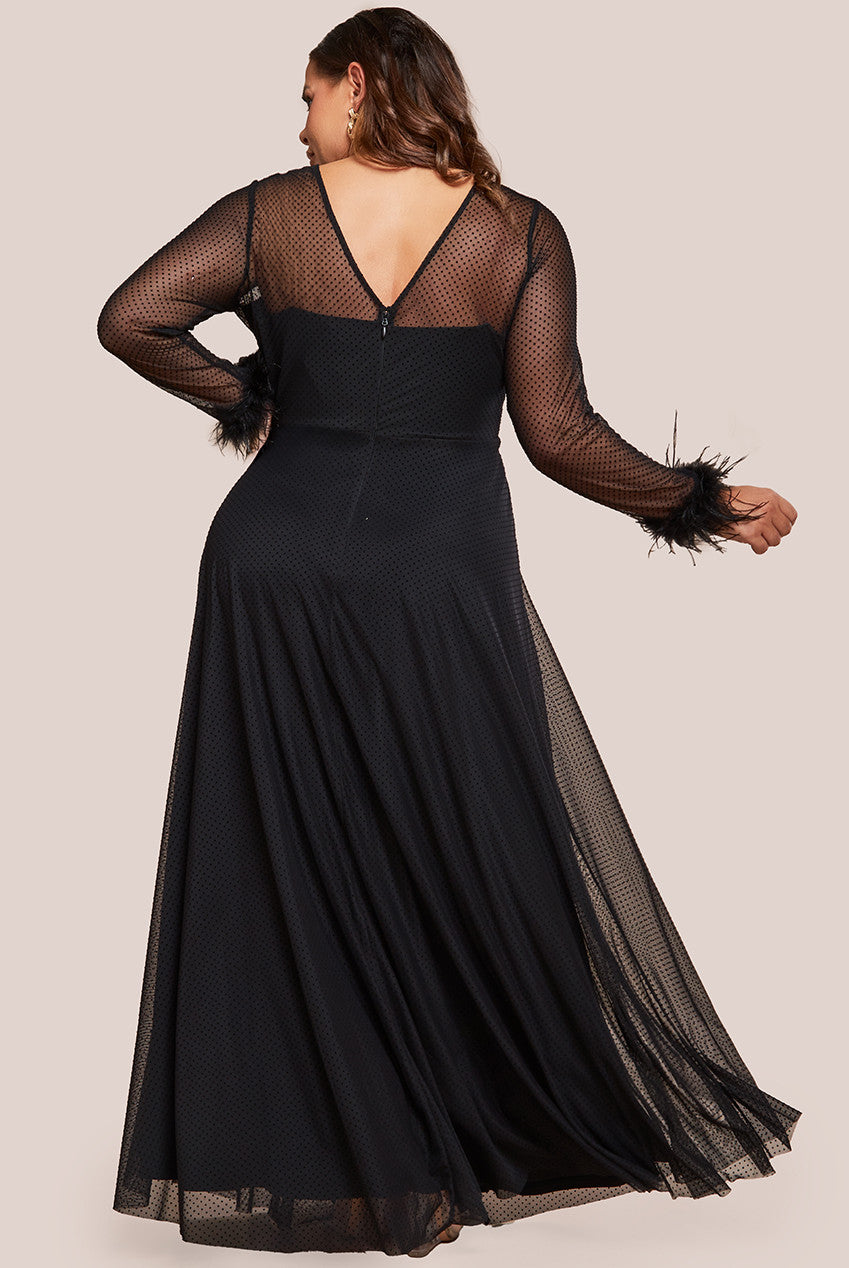 Dobby Mesh Feather Sleeve Hem Maxi Dress - Black DR4046PLUS