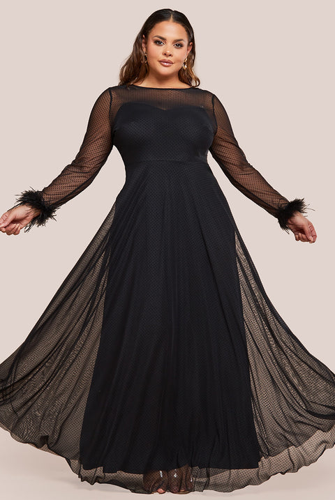 Dobby Mesh Feather Sleeve Hem Maxi Dress - Black DR4046PLUS