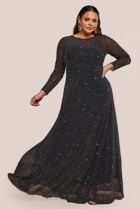 Goddiva Plus Hotfix Diamante Mesh A-Line Long Sleeve Maxi Dress - Black