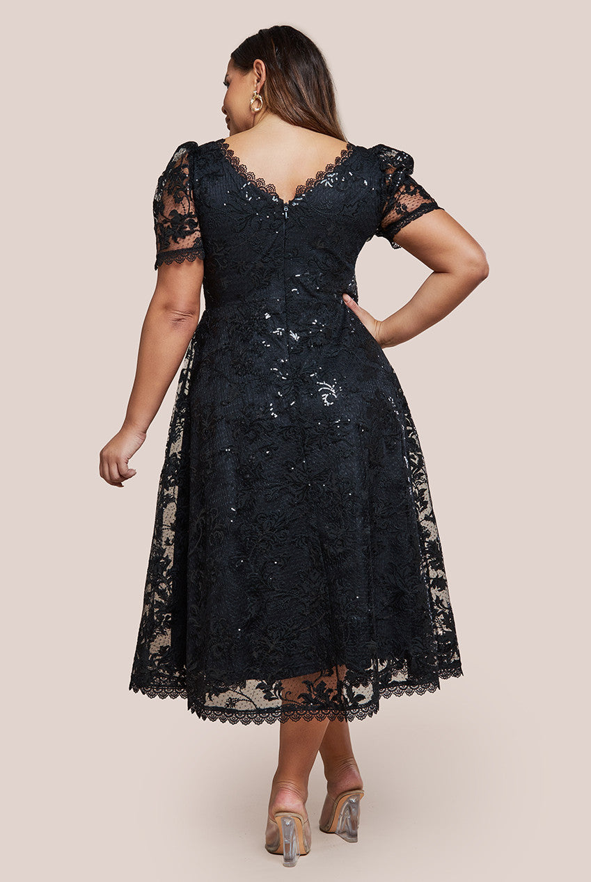 Sequin Lace Short Sleeve A-Line Midi Dress - Black DR4429PLUS