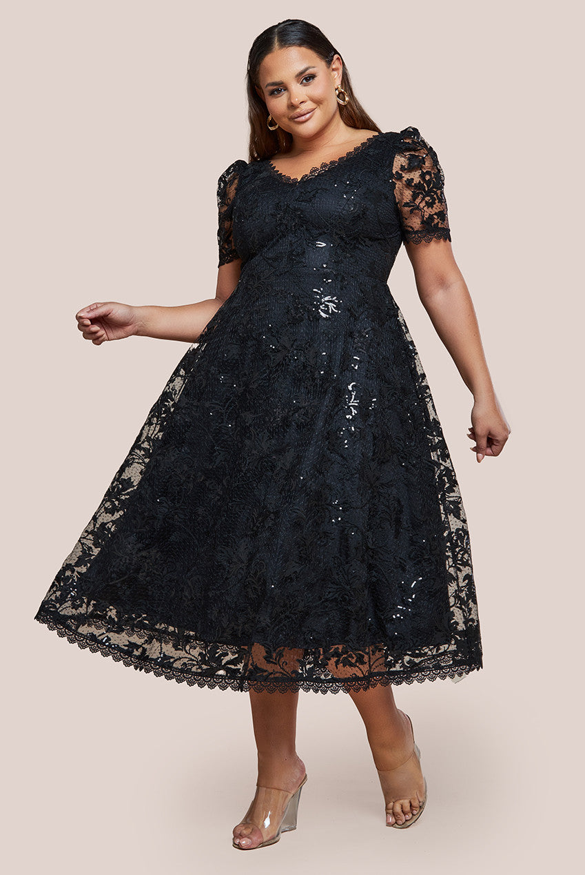 Sequin Lace Short Sleeve A-Line Midi Dress - Black DR4429PLUS