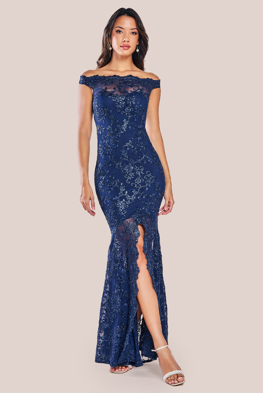 Lace Scallop Edge Mermaid Maxi Dress - Navy DR3890