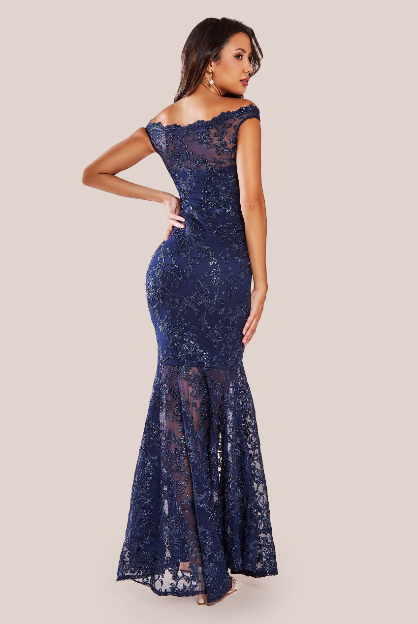 Lace Scallop Edge Mermaid Maxi Dress - Navy DR3890