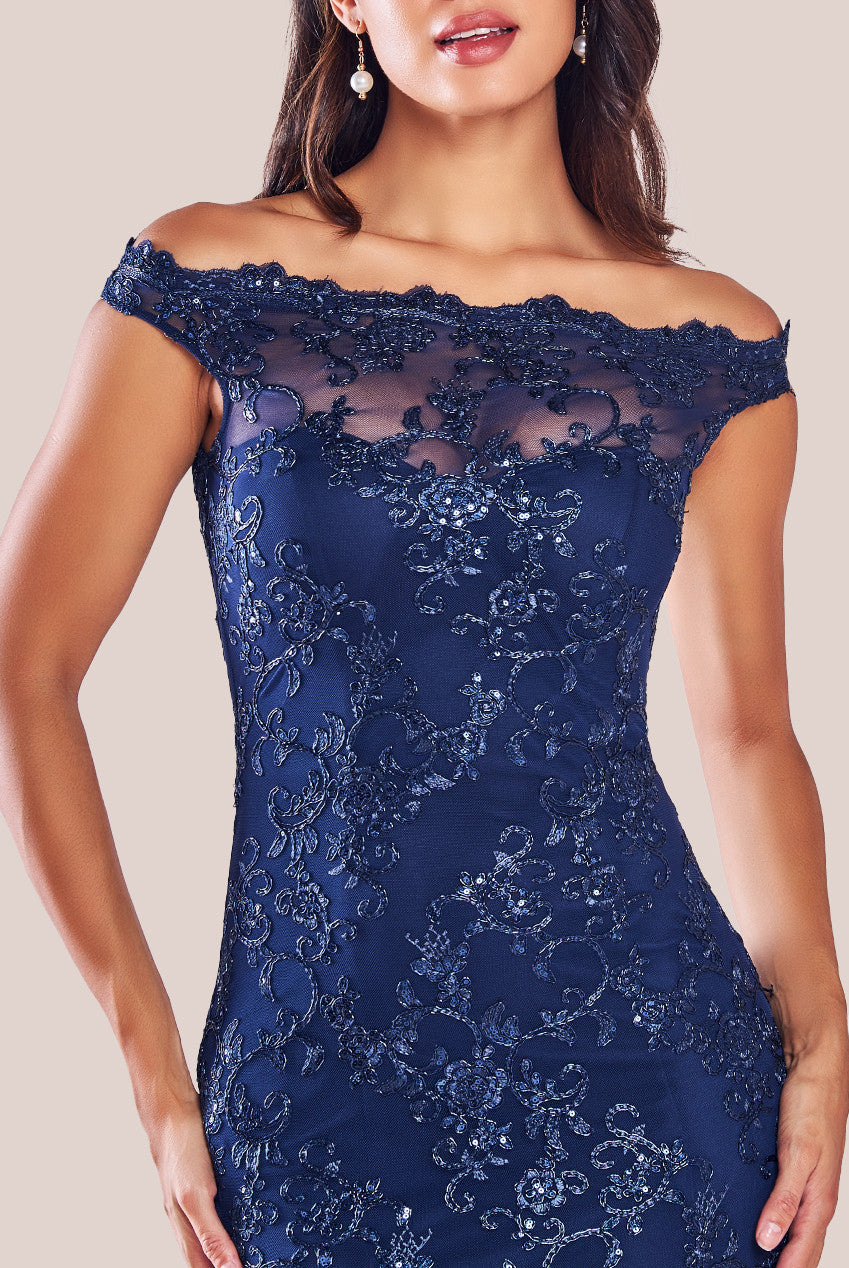 Lace Scallop Edge Mermaid Maxi Dress - Navy DR3890