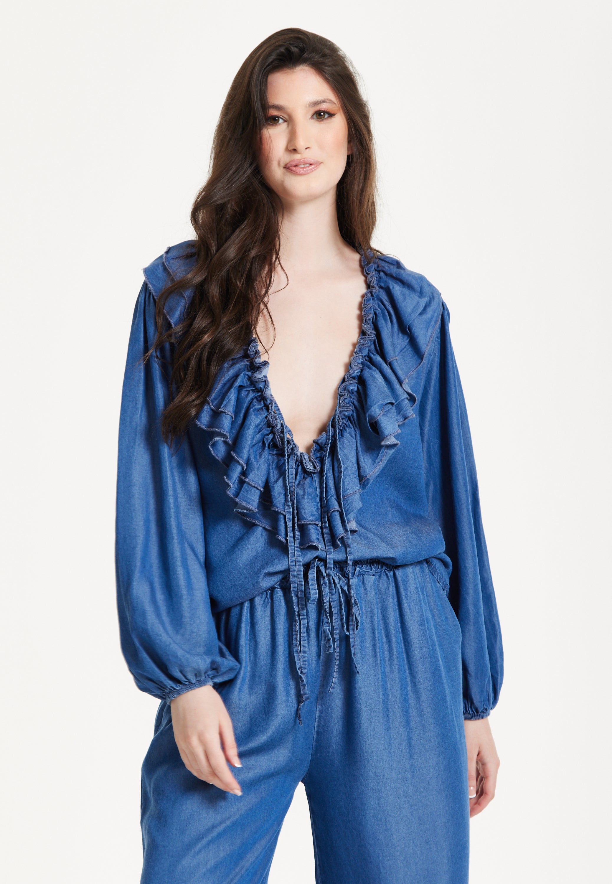 Ruffled V-Neck Long Sleeve Top 25SS8846008