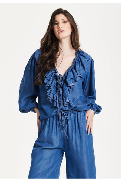 Blue - Ruffled V-Neck Long Sleeve Top by Liquorish