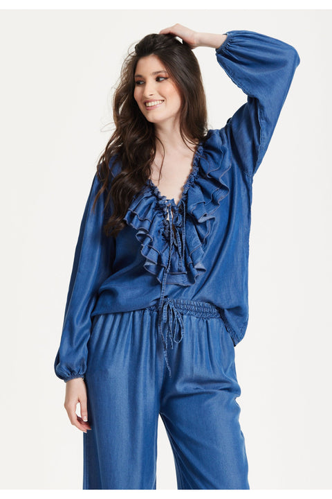 Ruffled V-Neck Long Sleeve Top by Liquorish