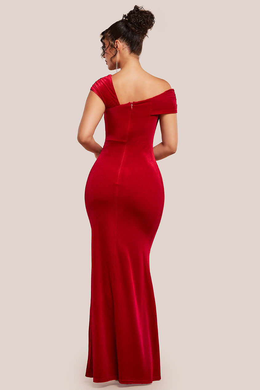 One Shoulder Velvet Maxi Dress - Red DR4578