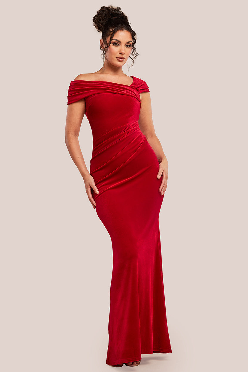 One Shoulder Velvet Maxi Dress - Red DR4578