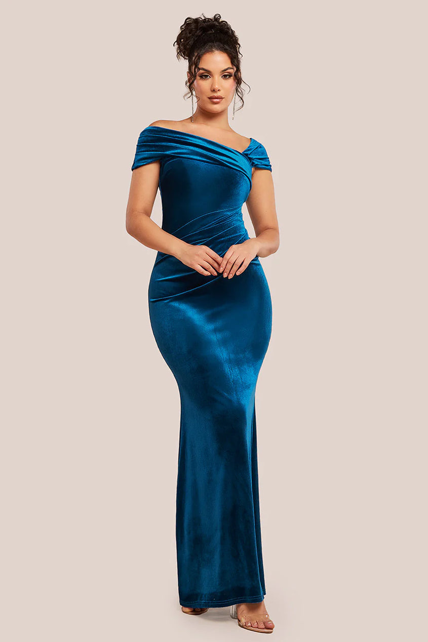 One Shoulder Velvet Maxi Dress - Teal DR4578