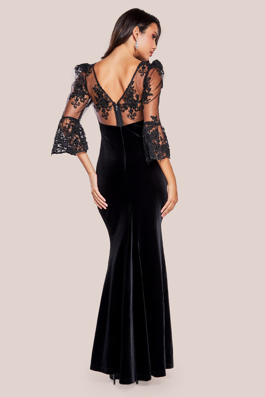 Scalloped Lace & Velvet Maxi Dress - Black DR3972