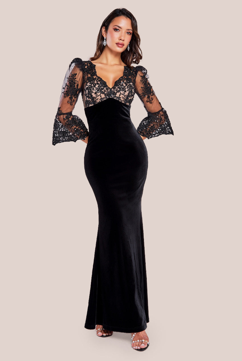 Scalloped Lace & Velvet Maxi Dress - Black DR3972