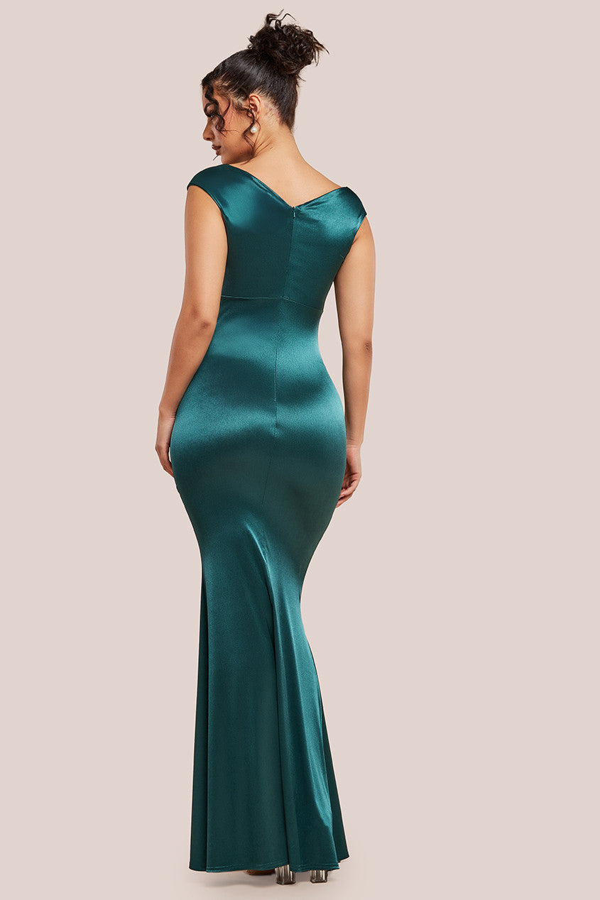 Satin Off The Shoulder Maxi Dress - Emerald Green DR3580