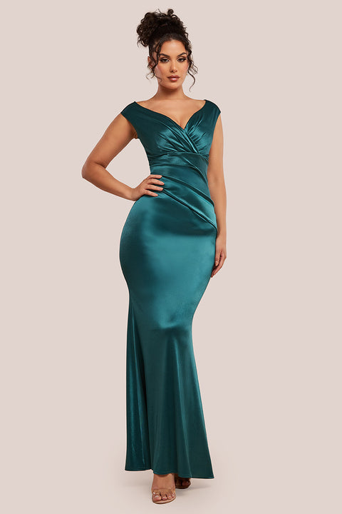 Satin Off The Shoulder Maxi Dress - Emerald Green by Goddiva