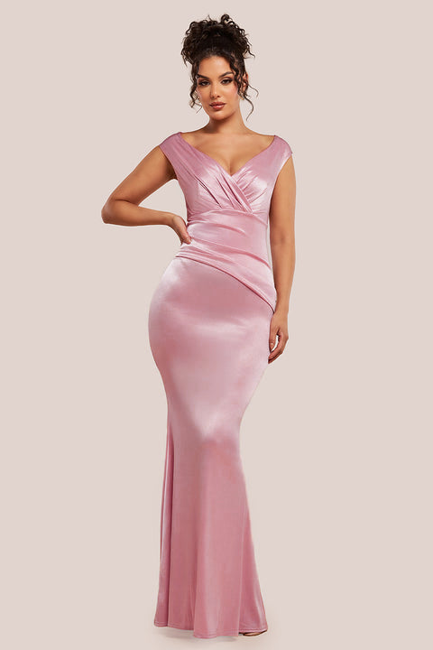 Satin Off The Shoulder Maxi Dress - Pink by Goddiva