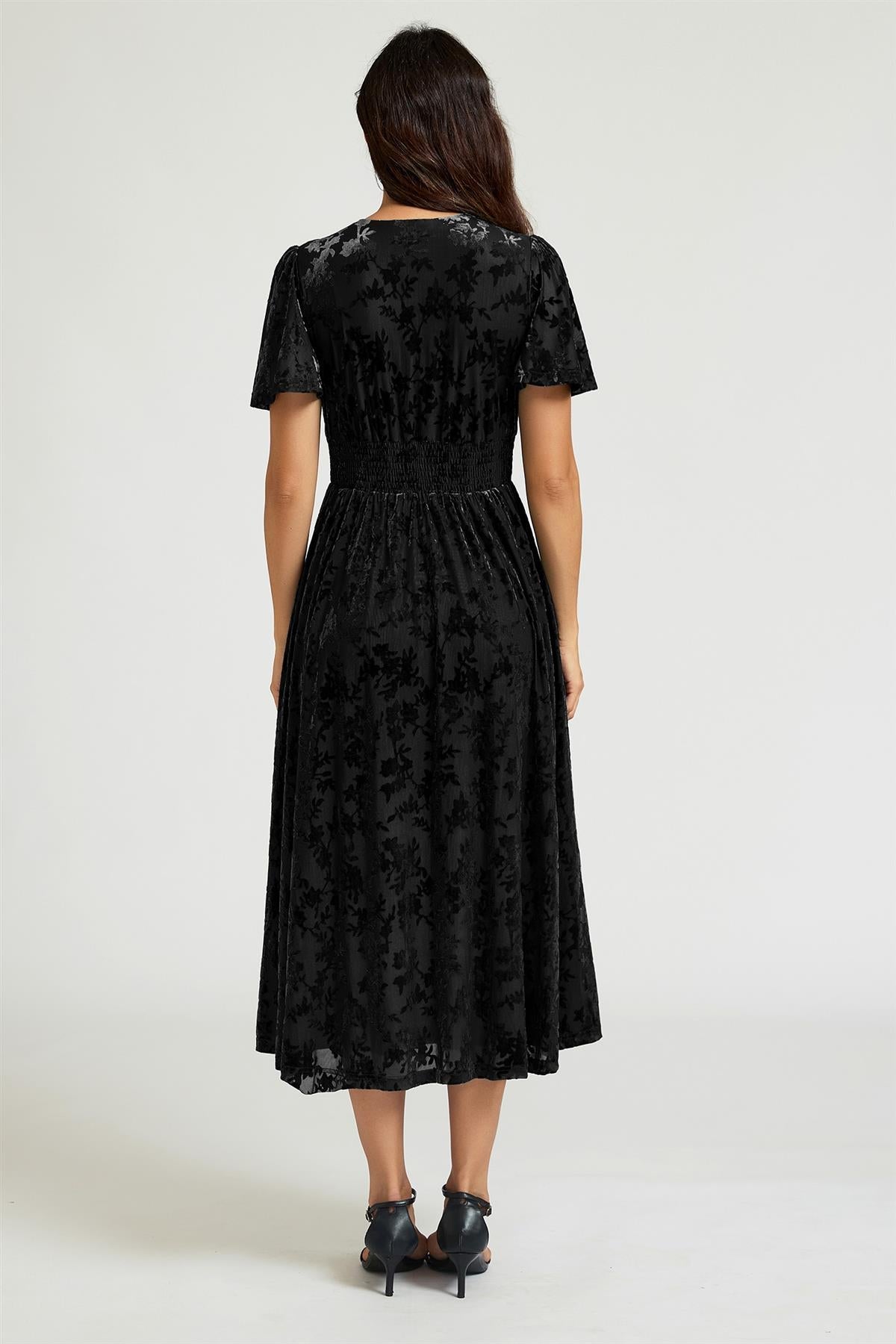 Floral Velvet Devore V Neckline Dress In Black FS909