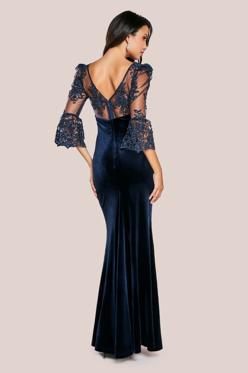 Scalloped Lace & Velvet Maxi Dress - Navy DR3972