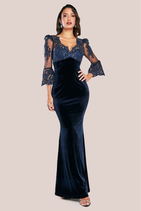 Scalloped Lace & Velvet Maxi Dress - Navy | Goddiva Scalloped Lace & Velvet Maxi Dress - Navy | Goddiva
