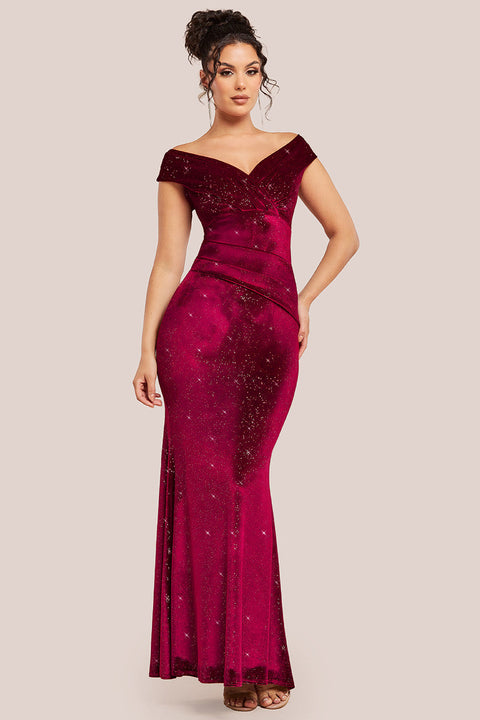 Shimmer Velvet Bardot Maxi Dress - Wine by Goddiva