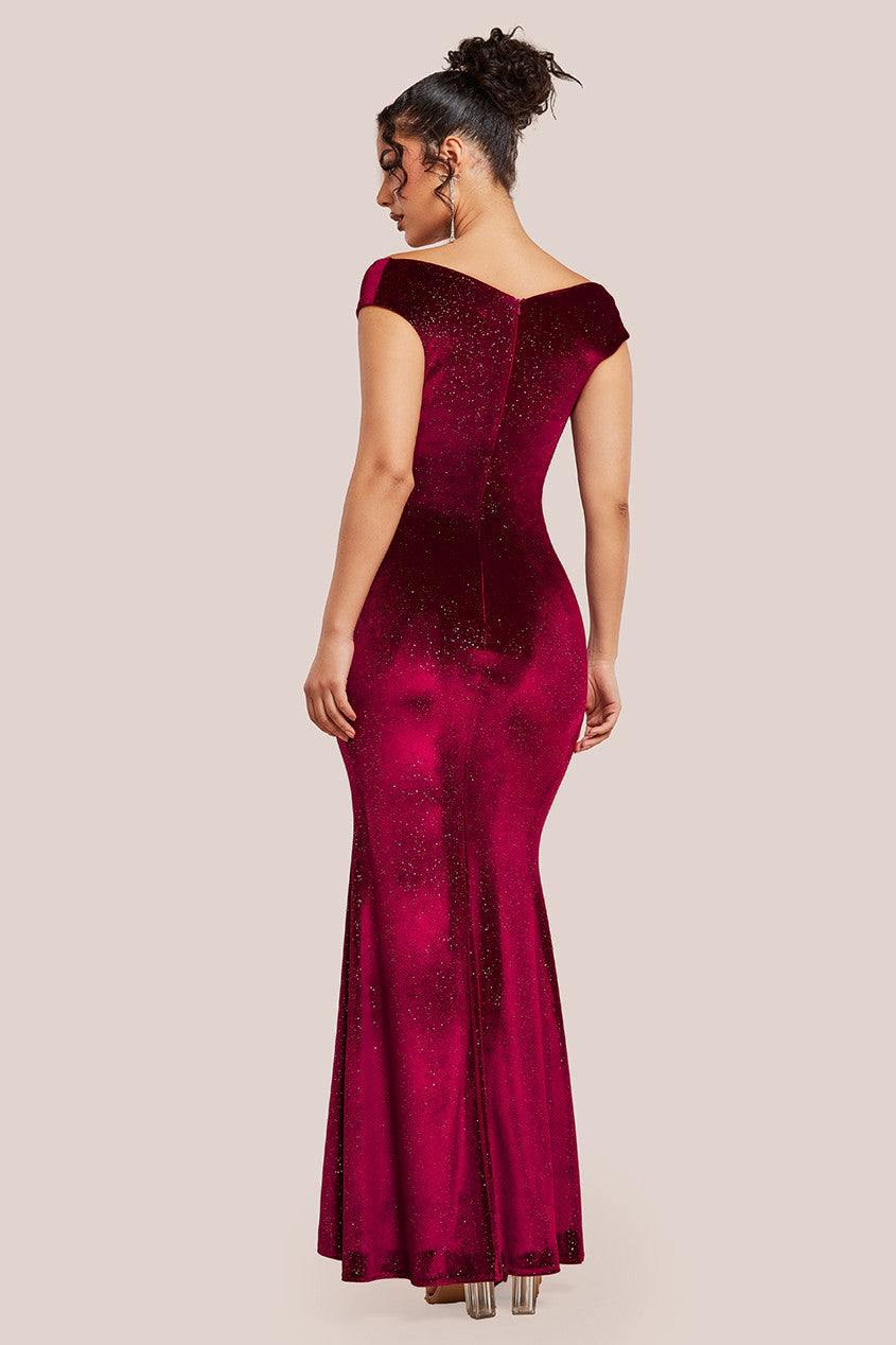 Shimmer Velvet Bardot Maxi Dress - Wine DR4643