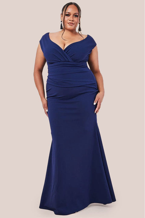 Bardot Pleated Maxi Dress - Navy by Goddiva Plus