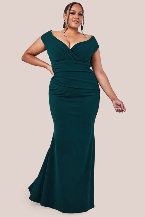 Bardot Pleated Maxi Dress - Emerald by Goddiva Plus