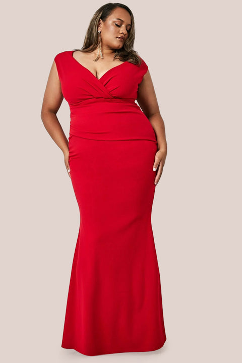 Bardot Pleated Maxi Dress - Red by Goddiva Plus