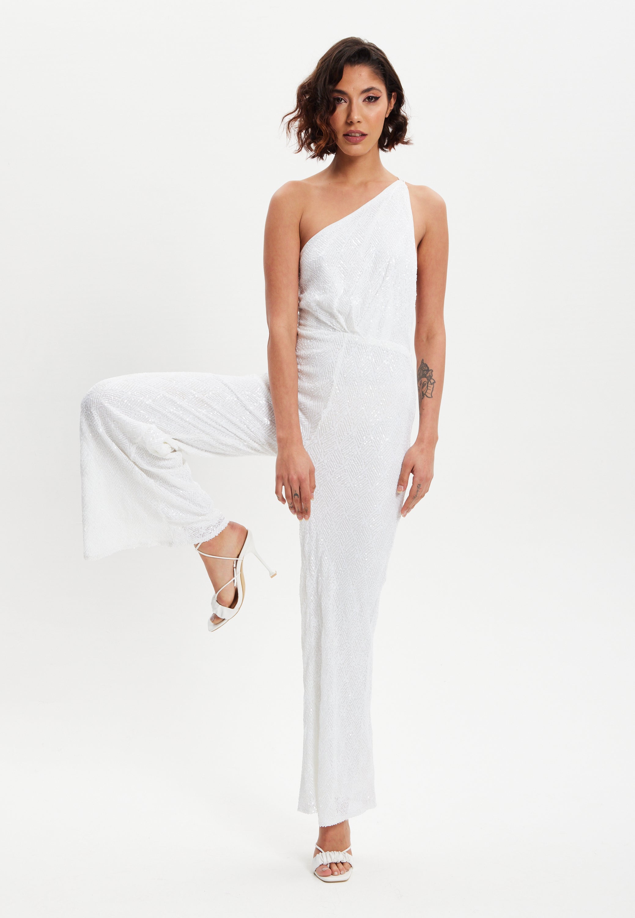 One Shoulder Backless Sequin Jersey Jumpsuit H5-DML017