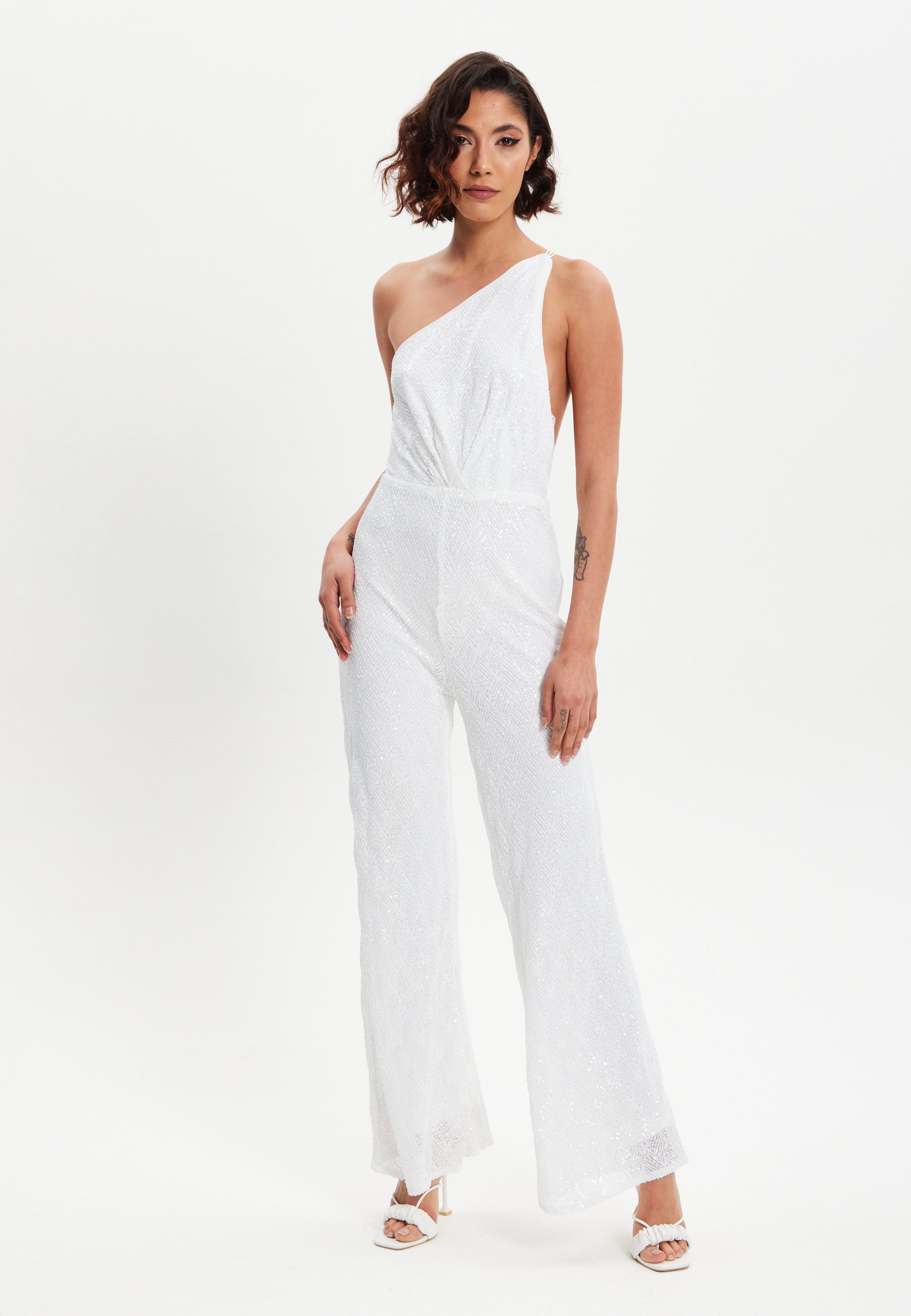 One Shoulder Backless Sequin Jersey Jumpsuit H5-DML017