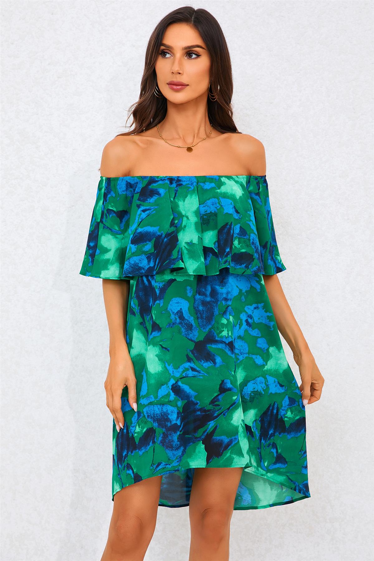 Abstract Floral Print Bardot Frill Off Shoulder Mini Dress In Green FS21179-BAF